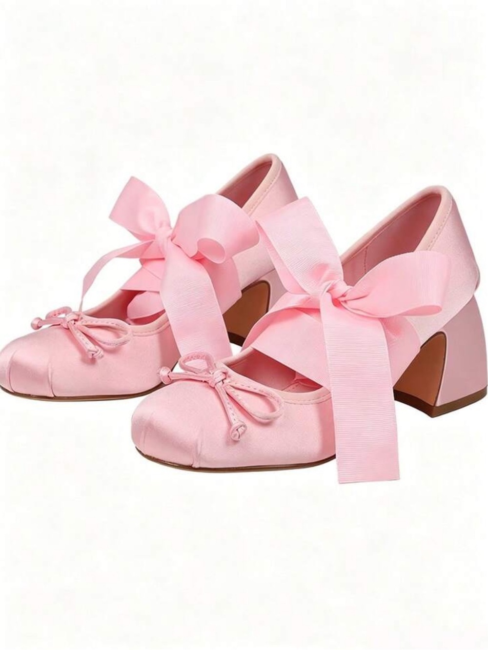 Ballet High Heel Pumps For Women Mary Janes Lace Up Chunky Heels With Bow Satin - Picture 2 of 4